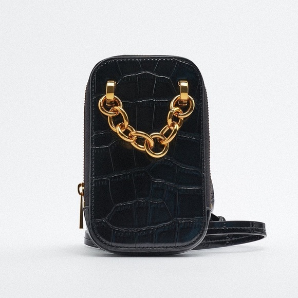 NWOT. Zara Black Animal Print Mobile Phone Bag with Chain - Picture 1 of 7